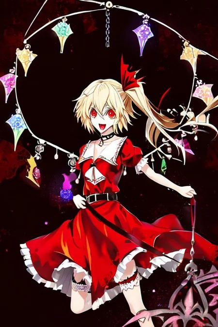 flandre_scarlet_(koumajou_densetsu), wh1te, wings, choker, white chain, bat wings, o-ring, garter belt, skull, harness, bondage harness, body harness, breasts,