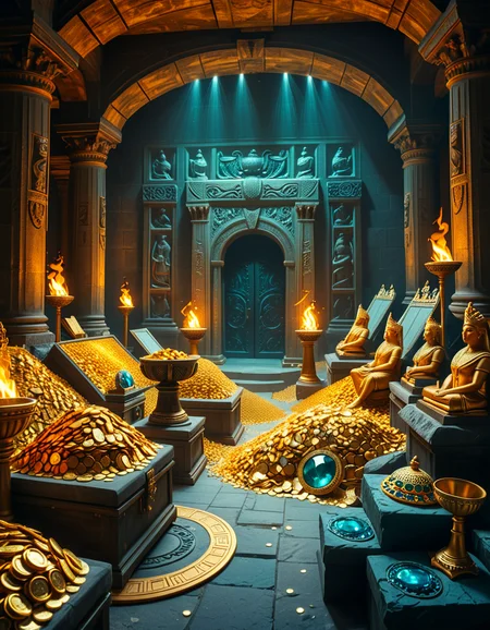 A hidden treasure chamber deep within an ancient temple, illuminated by the warm golden glow of torches and mystical blue light from enchanted crystals. The room is filled with piles of gold coins, jewel-encrusted goblets, and ancient artifacts covered in dust. Massive stone statues of forgotten deities guard the chamber, their eyes glowing faintly as if watching intruders. In the center, a grand pedestal holds a legendary artifact—an ornate golden crown encrusted with emeralds and sapphires, shimmering with an otherworldly aura. The walls are adorned with intricate carvings depicting lost civilizations, and creeping vines hint at centuries of abandonment. The atmosphere is mystical and slightly eerie, with a sense of both wonder and danger. The air is thick with the scent of aged parchment and burning incense, adding to the chamber’s ancient and mysterious feel. Cinematic lighting with dramatic shadows enhances the depth and richness of the scene, creating a visually stunning and immersive environment.
<lora:SDXLFaeTastic2400:0.4> <lora:extremely_detailed:0.4> extremely detailed, <lora:treasure_ch4mb3r:1>,treasure ch4mb3r, Masterpiece,best quality,hi res,8k,hi res,8k,award winning,(sharp focus, intricate, highly detailed),