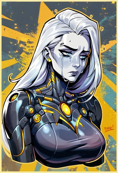 score_9, score_8_up, score_7_up, high quality, black and white with bright blue eyes, grayscale image, greyscale image, 1 women, ((cyborg clothing)), sad, geometric hearts broken in the background, cyborg women, large breasts, long hair, crying, portrait view, sad, disappointed, , aesthetic, (Yellow border around image,:1.3)