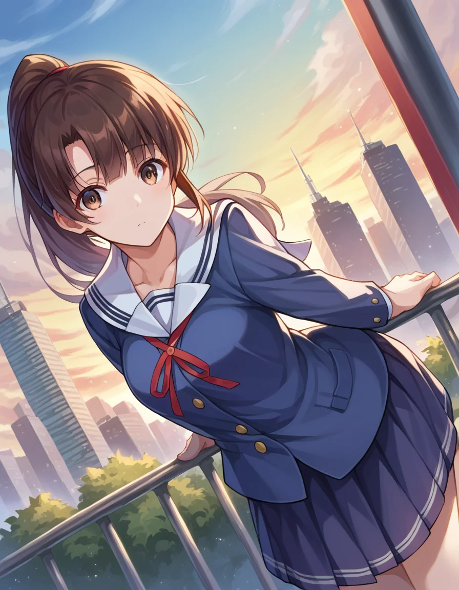 score_9, score_8_up, score_7_up, source_anime,
megumikatou, <lora:megumi-katou-ponyxl-lora-nochekaiser:1>
megumi katou, brown hair, brown eyes,
long hair, ponytail, miniskirt, school uniform, skirt, sailor uniform, serafuku,
outdoors, cityscape, bent over,
looking at viewer, dutch angle, cowboy shot,