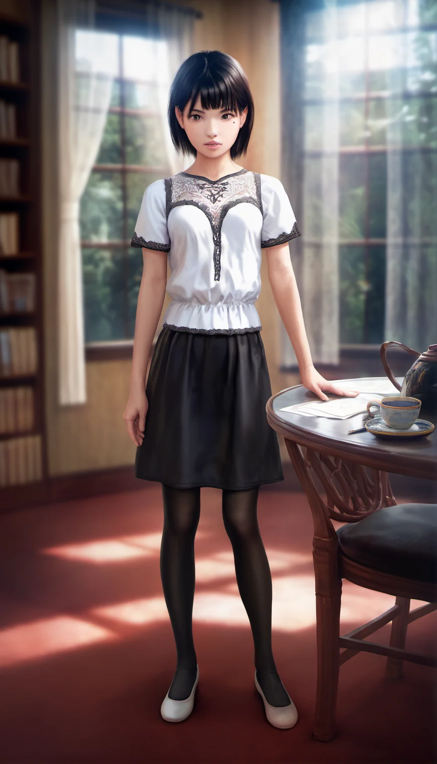 score_9,score_8_up,score_7_up,<lora:ChisatoShinjo:1>,
chisatoshinjo,
realistic,
1girl,solo,black hair,short hair,bangs,brown eyes,beauty mark,
looking at viewer,parted lips,
white blouse with lace details,black skirt,black pantyhose,white flat shoes,
full body,standing,
blurry background,indoors,living room,vintage room,at a round wooden table,cup of tea,papers,pen,bookshelf,window,sunlight through window,curtains,warm cozy atmosphere,