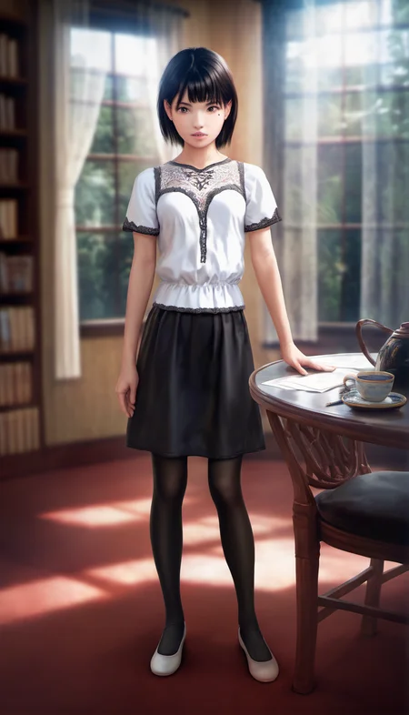 score_9,score_8_up,score_7_up,<lora:ChisatoShinjo:1>,
chisatoshinjo,
realistic,
1girl,solo,black hair,short hair,bangs,brown eyes,beauty mark,
looking at viewer,parted lips,
white blouse with lace details,black skirt,black pantyhose,white flat shoes,
full body,standing,
blurry background,indoors,living room,vintage room,at a round wooden table,cup of tea,papers,pen,bookshelf,window,sunlight through window,curtains,warm cozy atmosphere,