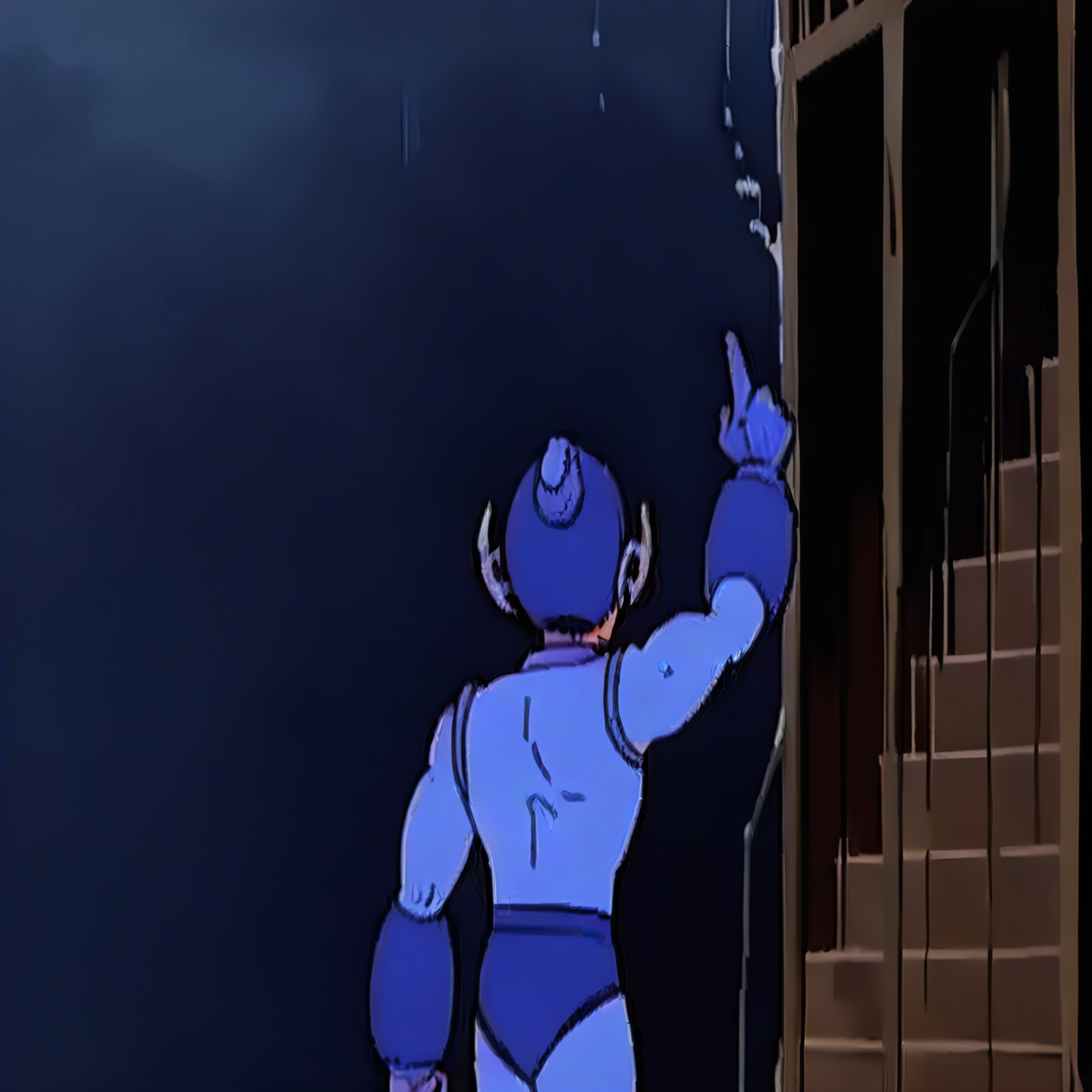 portrait, stairs, bodysuit, standing, blue headwear, pointing, water, teeth, dark, friendly, smoke, hand up, arms at sides, cowboy shot, door, ocean, upper body, from side, aura, blue robot, weapon, looking at viewer, pointing up, blurry