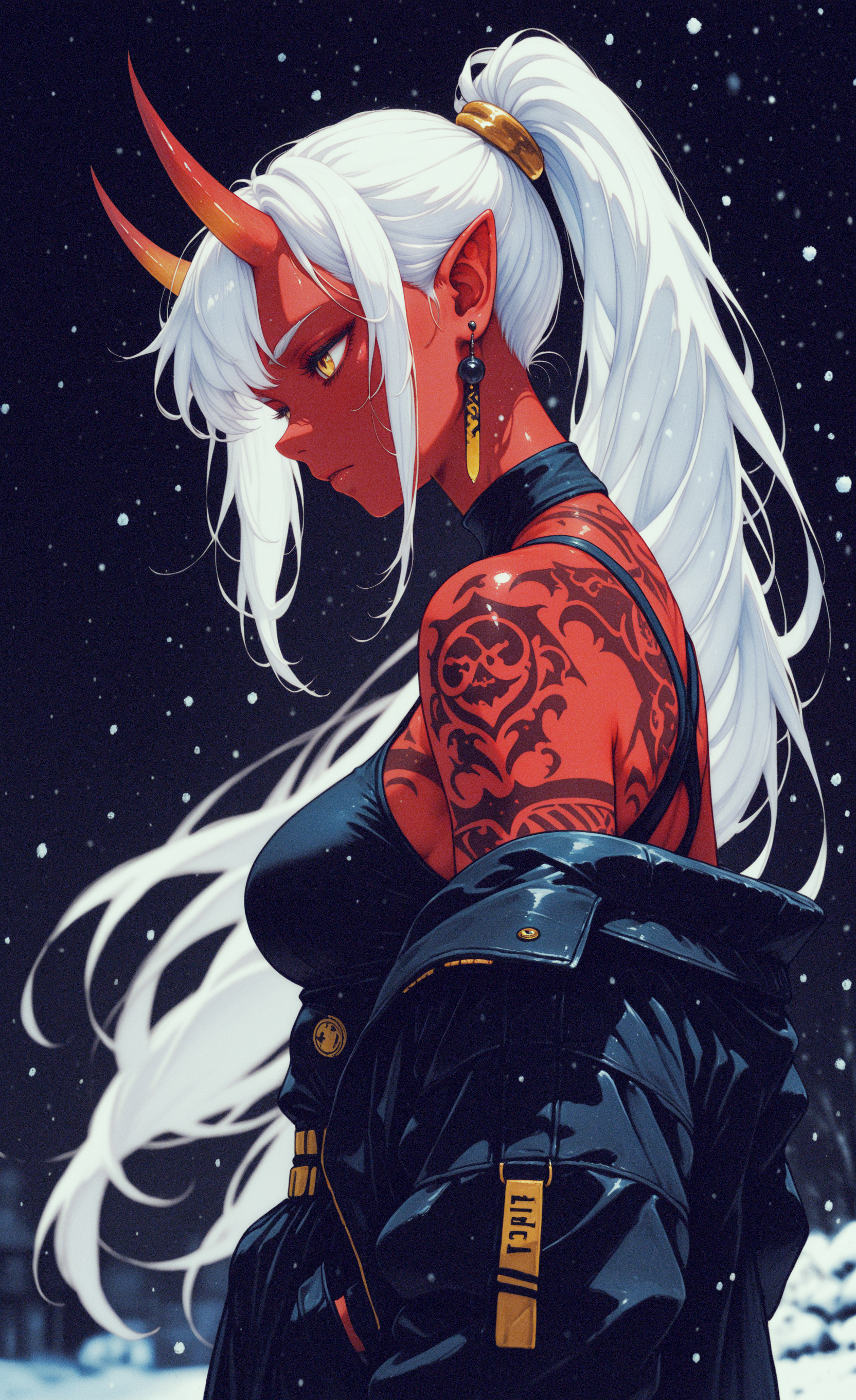 masterpiece, best quality, good quality, newest, highres, absurdres, 
1girl, solo, long hair, breasts, jewelry, very long hair, jacket, yellow eyes, white hair, ponytail, earrings, horns, pointy ears, virtual youtuber, off shoulder, from side, black jacket, tattoo, colored skin, demon girl, demon horns, black background, snowing, oni, hair behind ear, arm tattoo, shoulder tattoo, red skin,
blurry, blurred background,wind,
low view, bbmasa,colored pencil (medium), watercolor (medium), retro_artstyle, retro, <lora:illustriousXL_stabilizer_v1.23:0.3> <lora:NOOB_vp1_detailer_by_volnovik_v1:0.3> <lora:ponyv6_noobE11_2_adamW-000017:0.45> <lora:retro_scifi_artstyle_illustriousXL-000021:0.6> <lora:0__11Xx:0.4> <lora:gs_style_ilxl_v1:0.8>