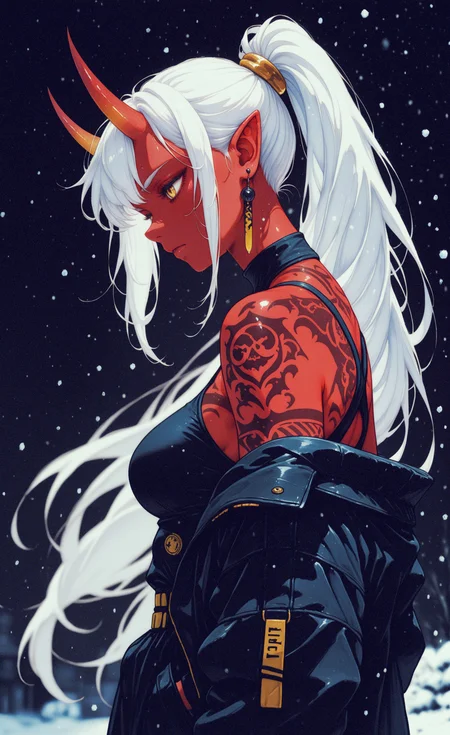 masterpiece, best quality, good quality, newest, highres, absurdres, 
1girl, solo, long hair, breasts, jewelry, very long hair, jacket, yellow eyes, white hair, ponytail, earrings, horns, pointy ears, virtual youtuber, off shoulder, from side, black jacket, tattoo, colored skin, demon girl, demon horns, black background, snowing, oni, hair behind ear, arm tattoo, shoulder tattoo, red skin,
blurry, blurred background,wind,
low view, bbmasa,colored pencil (medium), watercolor (medium), retro_artstyle, retro, <lora:illustriousXL_stabilizer_v1.23:0.3> <lora:NOOB_vp1_detailer_by_volnovik_v1:0.3> <lora:ponyv6_noobE11_2_adamW-000017:0.45> <lora:retro_scifi_artstyle_illustriousXL-000021:0.6> <lora:0__11Xx:0.4> <lora:gs_style_ilxl_v1:0.8>
