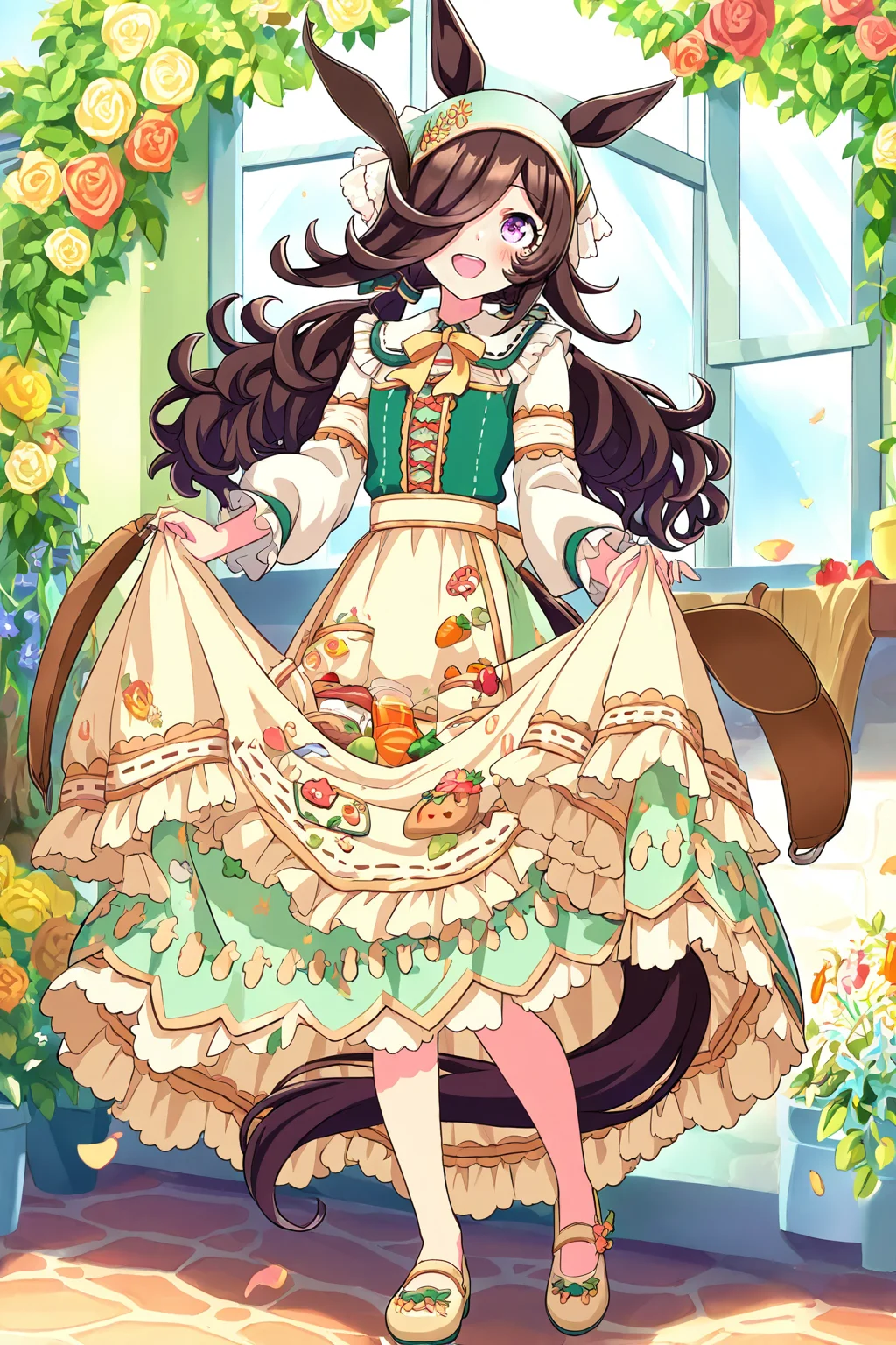 masterpiece,best quality,very aesthetic,absurdres,highres,newest,official art,official style,
1girl,solo,
rcs ydf,rice shower (umamusume),rice shower (yummy dreamy fairy) (umamusume),
alternate costume,alternate hairstyle,animal ears,apron,blush,brown hair,dress,green dress,
hair ornament,hair over one eye,horse ears,horse girl,horse tail,long hair,long sleeves,
low twintails,official alternate costume,official alternate hairstyle,print dress,tail,
twintails,violet eyes,
standing,full body,
<lora:umamusume_rice_shower2_ill_v1.0:1>,