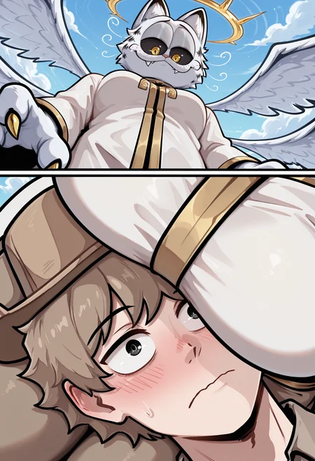 <lora:Frieren_Lap_Pillow_Comic__Meme_Pose_Concept__IllustriousXL_and_NoobAI:0.5> frierenpillow, 2koma, comic, 1boys, medium breasts, looking down, looking at another, sky, cloud, lap pillow, lying on lap, face to breasts, from below, from above,
BREAK <lora:godfield_v3_Illustrious_Mlaofmd:1> godfield, halo, white fur, facial tuft, cat ears, black sclera, yellow eyes, whiskers, wings, multiple wings, seraph, white wings, robe, white robe, fangs, claws
BREAK <lora:myOC_Illustrious_Mlaofmd:1> mlao, brown hat, brown hair, white skin, black eyes, brown shirt, brown pants, blue shoes, embarrassed, surprised,
masterpiece, best quality, amazing quality, very aesthetic, absurdres, newest,