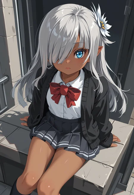 score_9, score_7_up, lunatk, dark elf, dark-skinned female, grey hair, long hair, hair over one eye, blue eyes, hair ornament, black cardigan, white shirt, black skirt, striped skirt, red bowtie, black socks
<segment:yolo-AnzhcFaceseg640v2y8n.pt,0.3,0.3>
