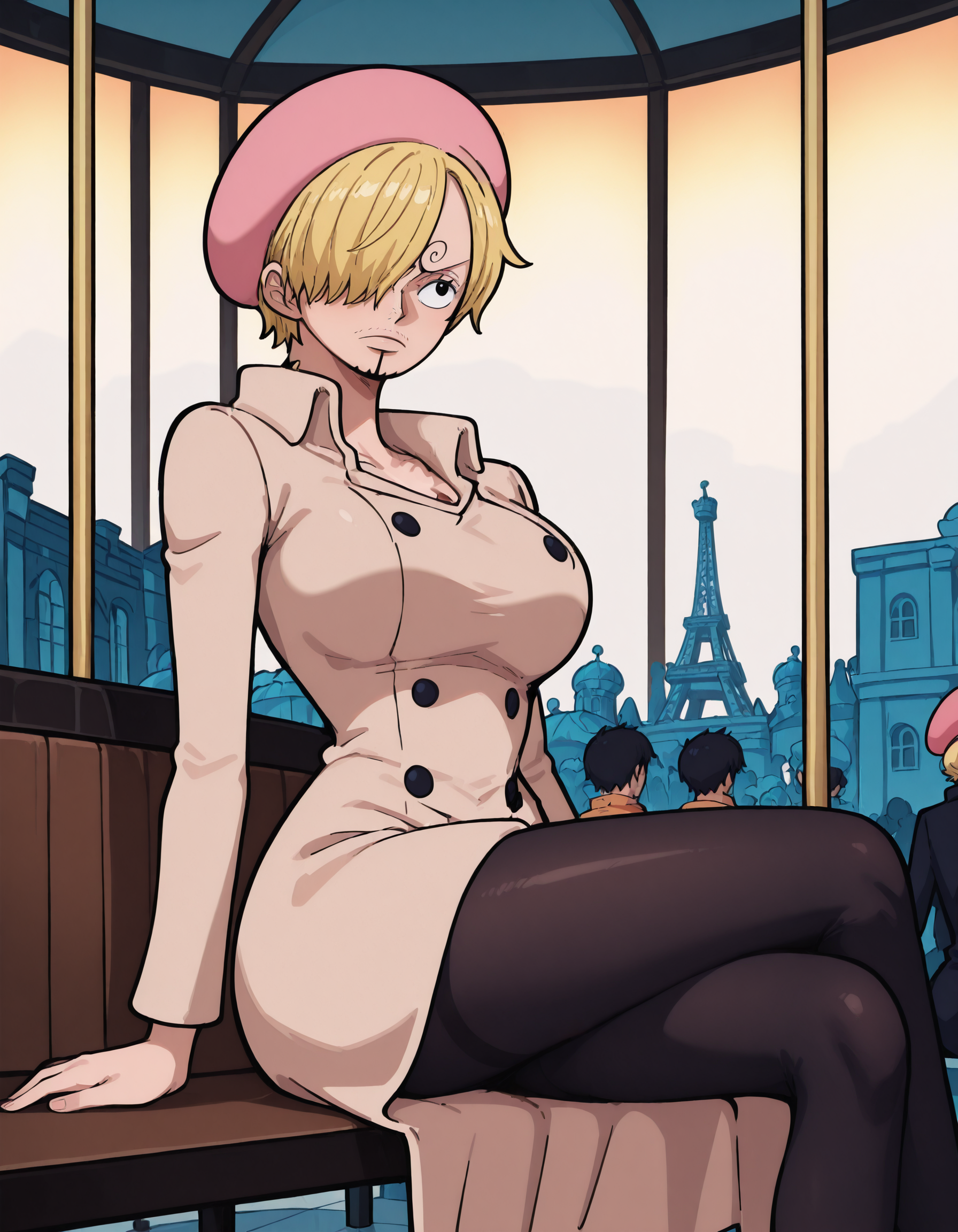 masterpiece, best quality, newest, absurdres, highres, anime coloring, one piece, luffy, 1girl, FemSanj, short hair, blonde hair, hair over one eye, one_piece_wano_style, eiffel tower, paris, long coat, tan coat, pink beret, sitting on bench, black tights, legs crossed, fall season, bare trees, daytime, warm colors, peach tones, carousel, people in background, urban setting, scenic background, elegant outfit,  <lora:FemSanji:0.95>,  <lora:one_piece_wano_style_ilxl:0.75>