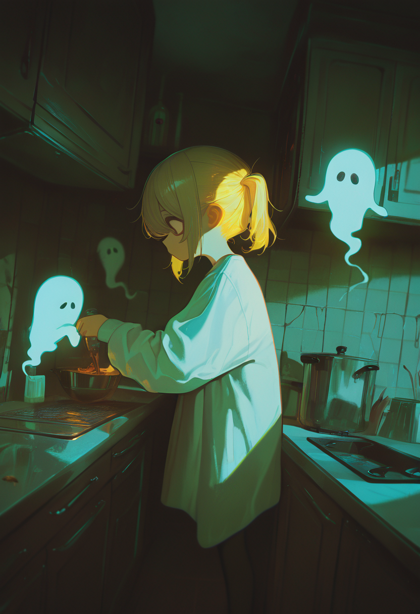 masterpiece, best quality, amazing quality, very aesthetic, absurdres,  newest,, volumetric light, LeIsT0_illu, 0010011_illu, 1girl, solo, on_side, short blonde hair, side_ponytail, ghost, shadows, making coffee, soothing, peacefull, kitchen, big_eyes,