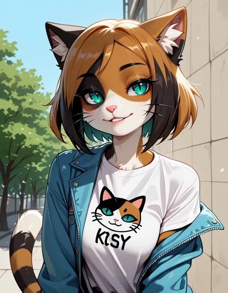 masterpiece, best quality, very aesthetic, absurdres,
outdoors, 
upper body, headshot, 
t-shirt, open jacket, 
seductive smile, parted lips, long eyelashes,
 <lora:Kawa_v01_NAIXL:1>
K4w4,1girl,solo,furry,furry female,cat girl,short hair,multicolored hair,cat ears,aqua eyes,slit pupils,snout,animal nose,whiskers,body fur,two-tone fur,cat tail,striped tail,