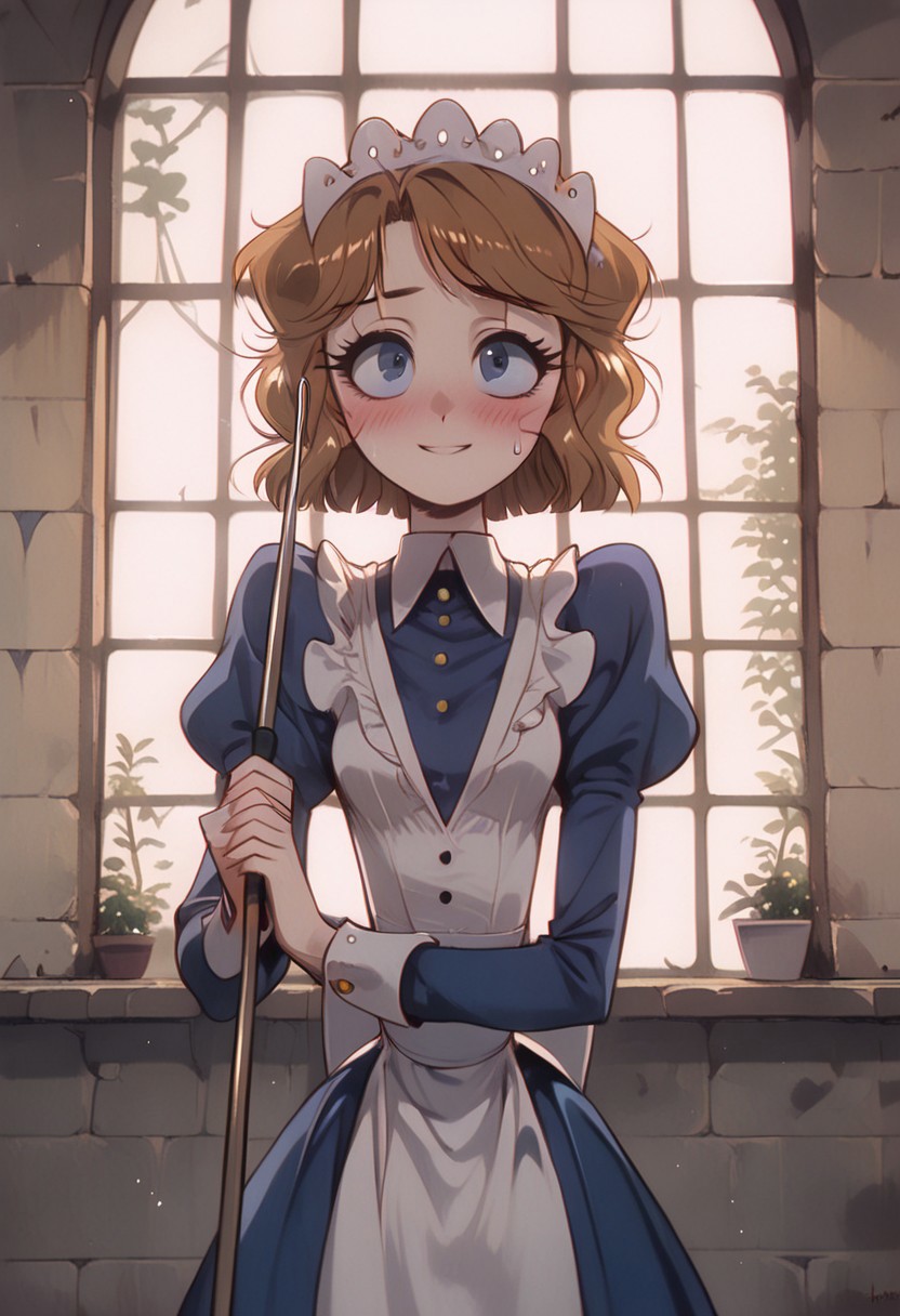 Score_9_up, score_8_up, score_7_up, BREAK 1girl, emmytr, blue eyes, solo, robot, brown hair, maid headdress, cute, standing, (((contrapposto))), dramatic hipsway, hip sway, wiping sweat off of brow with left hand, holding mop in right hand, view from below, looking up, up skirt, dutch angle, arms to the side,  bedroom, blushing, shy, smile, eyes turned looking at viewer, sun rays peaking through the window, particles catching afternoon sunlight,  (masterpiece:1.2), (highly detailed:1.2), (intricate:1.2), (best quality:1.2),(8k:1.2), (sharp:1.2), (majestic:1.2) <lora:Expressive_H:10.9 Expressiveh>, vintage, 1990s \(style\), Long exposure photo, <lora:OldAnimeStyle_XL_v3:0.75>