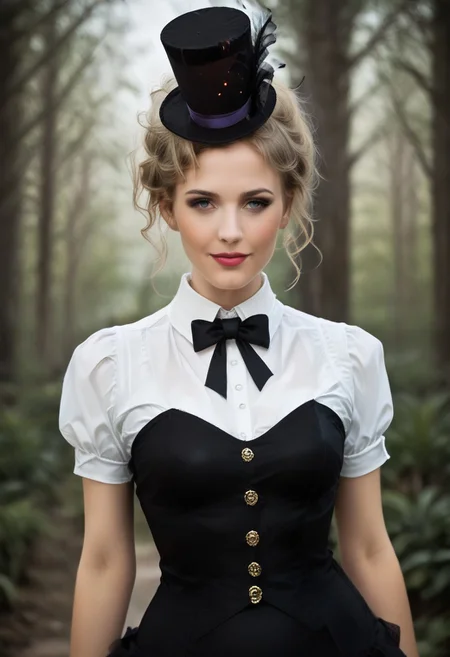 score_9, score_8_up, score_7_up, rating_safe, concept art, realistic, Fixhand.
1girl, solo, cute face, sexy face, 
((Mini top hat)), 
(Cowboy shot:1.5)