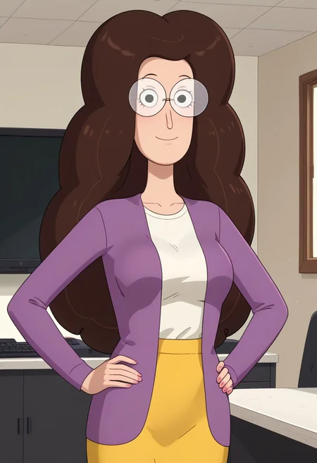 ((room background)),score_9, score_8_up, score_7_up,score_6_up, 
1girl, solo, MelanieBaker_C, light skin, black eyes, voluminous fluffy hair, dark brown hair, long hair, large round glasses, purple cardigan, white shirt, yellow pencil skirt, white high socks, pink flat heels, big eyes, cute, tall stature, social smile, perfect eyes, perfect smile, looking at the viewer, detailed eyes, perfect eyes, standing, big breasts (front pose, bust shot) five fingers, perfect hands, hands on hips