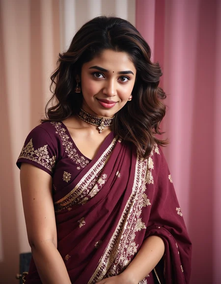 instagram photo of kr1t1 sh3tty woman, hyper realistic photo that is safe for work, shy smile, studio quality image with natural colors, well dressed wearing intricate turtleneck Burgundy Bomkai Saree (Odisha traditional saree), hair styled as messy hair,muted pastel shaded multicolored background that contrasts with the person, cinematic lighting,âââââ <lora:kr1t1_sh3tty_Kriti_Shetty_Flux_Kohya_V1:1>âââ