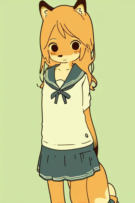 furry,by yagi the goat,fox girl,long hair,Short stature,Skinny body,solo,Short stature,Skinny body,score_9,score_8_up,score_7_up,(cute expression, cute face:1.1),simple background,looking at viewer,blush,early teen,flat chest,<lora:Yagi_the_Goat_ai:1>,sailor,skirt,sailor_dress,fox tail,