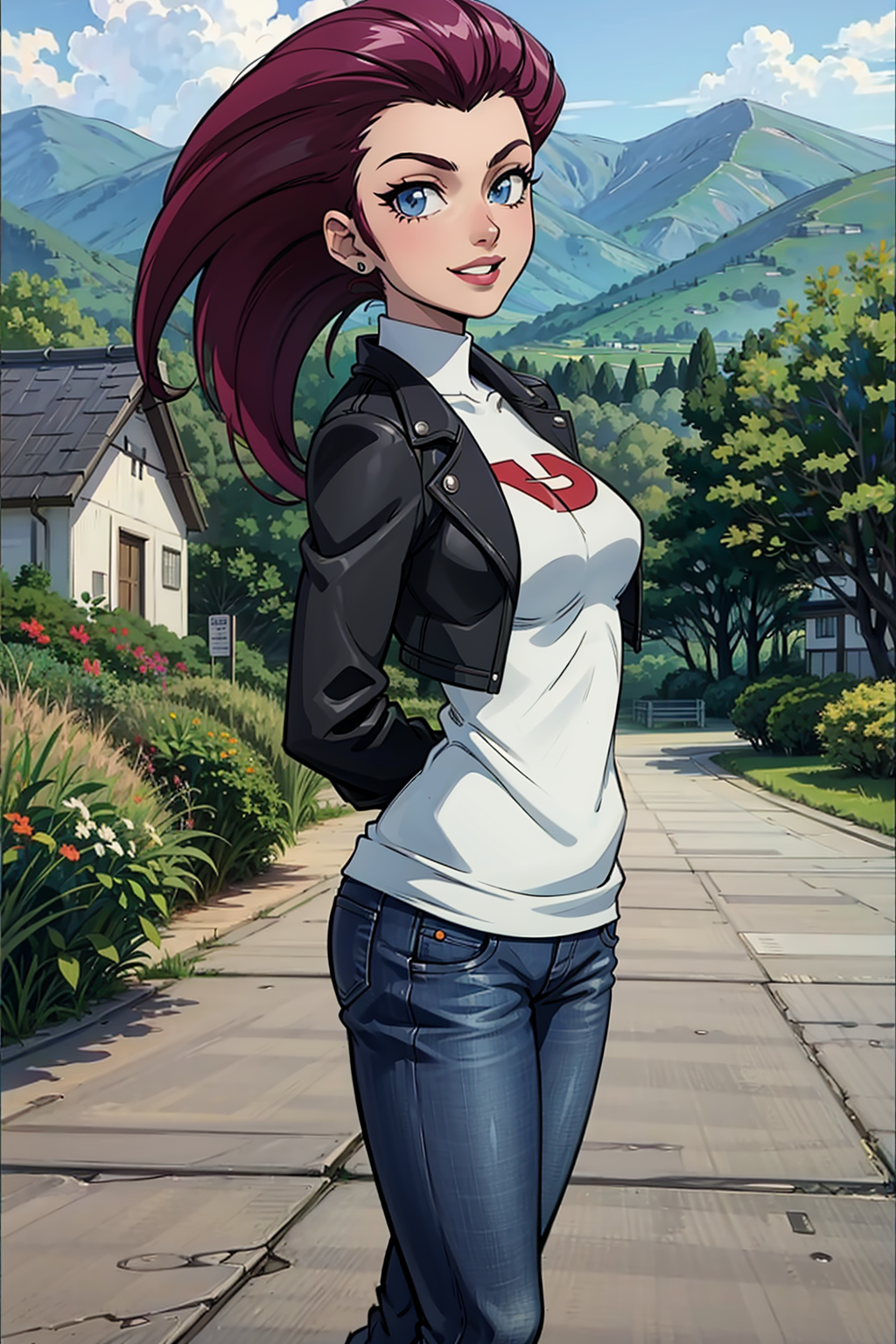 masterpiece, highres, absurdres, high quality,best quality, looking at viewer,city, implied lines, farm, plantation, day, arms behind back, light smile ,sugimori ken \(style\),anime screencap,1990s \(style\), (art by sugimori ken), 1girl, solo, <lora:EPpkJessie-09:0.7>, EPpkJessie, long hair, blue eyes, purple hair, parted lips BREAK
Edgy and modern style with a leather jacket, skinny jeans, and ankle boots