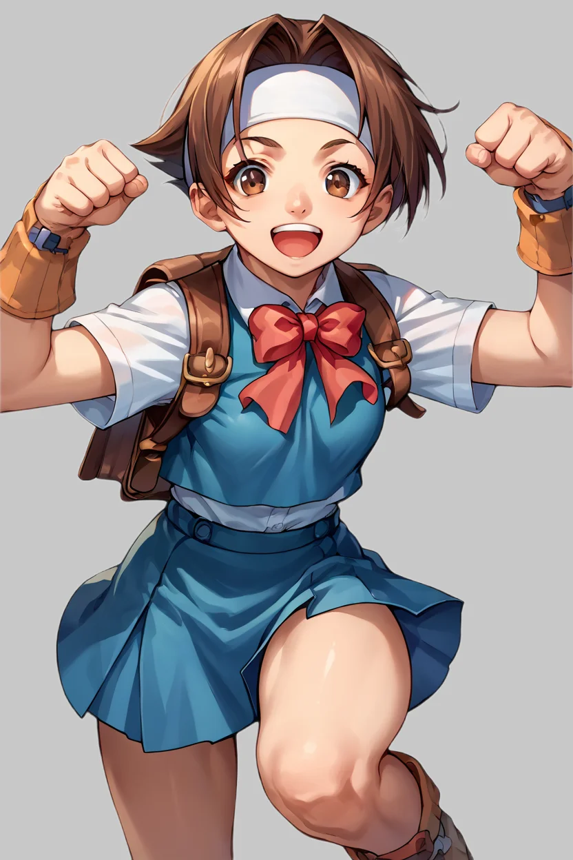 score_9, score_8_up, score_7_up, source_anime BREAK 1girl, solo, justice_hinata, school uniform, blue vest, short sleeves, red bowtie, blue skirt, brown backpack, brown hair, white headband, very short hair, brown eyes, looking at you, smile, open mouth, dynamic pose, simple background <lora:justice_hinata:1>