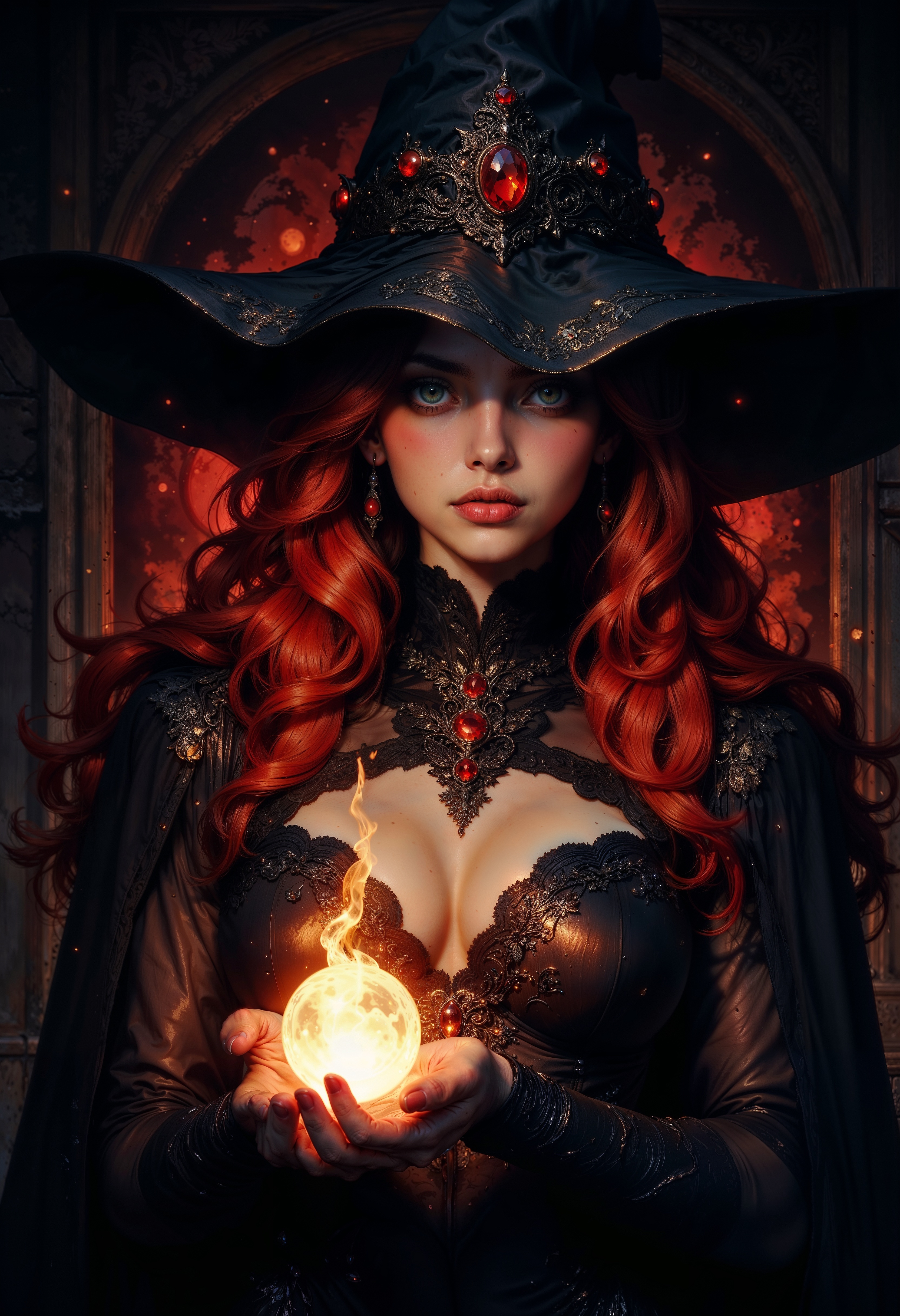 a digital artwork depicting a mystical, dark fantasy scene. The image features a young woman with pale skin and long, wavy, fiery red hair, wearing an ornate black witch's hat adorned with intricate, glowing red and black gemstones. Her outfit is a dark, gothic-style dress with detailed, shimmering patterns and a plunging neckline, revealing a hint of cleavage. She holds a small, glowing orb of fire in her right hand, which casts an eerie, warm light on her face and the surrounding area.
The background is dark and shadowy, adding to the mysterious and otherworldly atmosphere. The overall color palette is dominated by deep blacks and dark reds, contrasted with the bright, fiery glow of the orb. The camera angle is a close-up, focusing on her face and upper body, giving a sense of intimacy and intensity.
The textures in the image are rich and varied, with the smoothness of her skin and the intricate, almost metallic texture of her outfit and hat standing out. The digital art style is highly detailed and realistic, with a focus on dramatic lighting and shadows to create a sense of depth and mood.