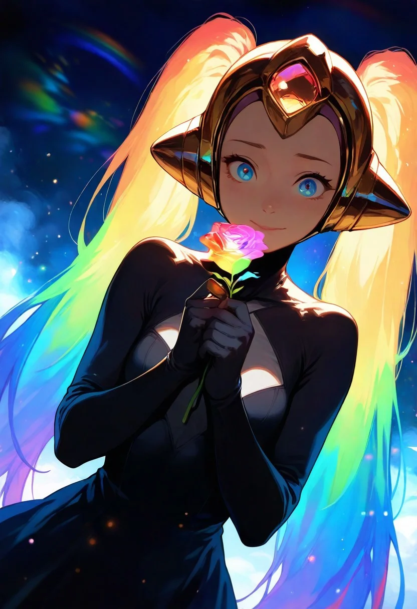 masterpiece, best quality, amazing quality, very aesthetic, absurdres, 
1girl, DJ Sona, league of legends, bodysuit, gloves, twintails, long hair, (gold helmet:1.4), (golden hair:1.4)
,magic circles, sweet expression, looks at the flower, close-up of face, face in shadow, body in shadow, dark setting, beautiful black dress, gloves on her hands, thin lips, narrow mouth, cat's smile, solo upper body, angle from above, Dutch angle, hand near the face, holding a flower, rose, rainbow, crystal, fragile, transparent, luminous, magical rose, very beautiful, bright, multicolored, bright magical particles, smoke, fog, multicolored, small, colorful, explosion of colors, soft light, vibrant colors, multicolored rainbow light, focus on face, lots of soft light and colorful particles, colorful, masterpiece, best quality, amazing quality, very aesthetic, absurdres, newest, soft light, explosion of colors, masterpiece, best quality, colorful, bright, multicolored, bright colors of paint, masterpiece, best quality, amazing quality, very aesthetic, absurdres, lots of multicolored rainbow light, focus on the face, lots of soft light, soft colors, lots of colorful particles, dark, hard to see,