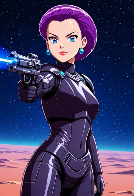 Star Wars Movie Anime style {Jessie wearing a (white) and black stormtrooper armour, no lights on armour, no helmet, blue eyes, hair slicked back, long hair, purple hair, earrings, mischievous smile, pointing a laser gun, looking at viewer, lips,} . fantasy, futuristic, Anime, digital, vibrant, detailed, high contrast, reminiscent of the star wars genre, UHD, HDR, masterpiece, Cinematic lighting, cowboy shot, on an alien planet,