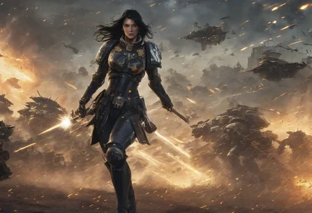 a tall blackhaired woman holding a sword with glowing blade up, triumphant on a futuristic battlefield, destroyed armoured vehicles, futuristic aircraft overhead, banners fly in the wind, wide angle image, fire and running soldiers in full armour in the background, warhammer 40k, 3d shading, photorealistic