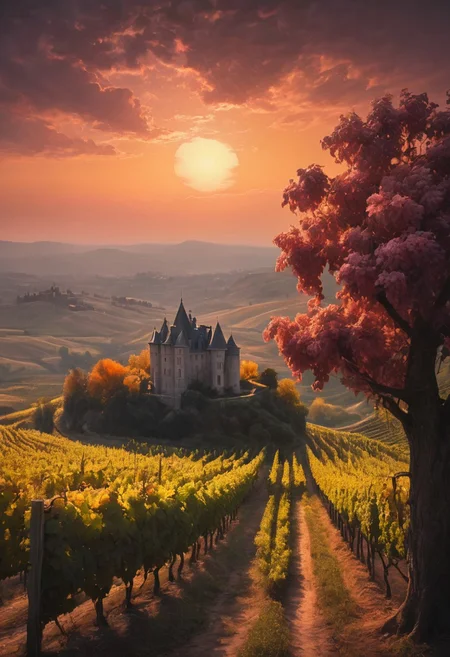 A sprawling vineyard, with a rustic chateau overlooking the grape-laden vines, warm orange and pink hues casting a beautiful glow, cinematic lighting, detailed digital painting by Aaron Blaise and Robert Bateman and Carl Runguis, 4k resolution, hyperrealistic rendering, ethereal atmosphere. highly detailed and hyper realistic photo, by Alena Aenami , by Archibald Thorburn , by Daniele Afferni , in the style of  monochromatic silhouette reflection,  limited dark palette, unusual dark colors, faded colors, atmospheric haze, highly dramatic cinematic lighting, motion blur, film grain,  professional, excellent composition, finest details, maximized details, ultimate detail level, masterpiece, best quality
