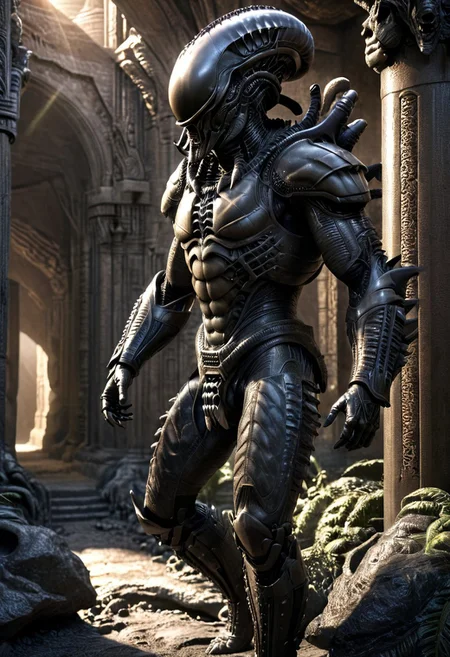 A muscular xenomorph hunter, monster, Ornamental armor, armor, Ornamental chestplate with black silver ancient alien runs, (fantasy scenery:1.3), full body, intricate details, highly detailed, high resolution, HDR, realistic, dusty sunlight, ray_tracing, sun_flare, cinematic, perfect lighting, (vivid colors:1.3, color full:1.3), ultra detailed 8k cg, (best quality), (masterpiece:1.4), bokeh, depth of field, photorealistic, caustics, perfect shading,(hyperrealistic 3d render),art by hr giger,
