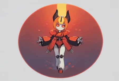score_8_up, score_7_up, score_6_up, red glowing eyes, girl, scales,black horns, mistical, asian clothes, lilandavastyle, big eyes, mountais on background, red kimono, orange hair, ornamented hair, long hair, evil, (hand on lips), blossom, peppercat, robot,