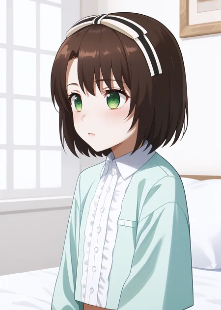 score_9, score_8_up, score_7_up, score_6_up, rating_explicit, source_anime, cinematic shadow, cinematic light, cute and sensitive, soft skin, characters focus, detailed eyes, detailed skins, <lora:StS_age_slider_v1_initial_release:-1>, <lora:StS_detail_slider_v1:3> , <lora:Saegusa_Izumi:1>izumi, brown hair, eyebrows visible through hair,bangs, short hair,green eyes, hair ribbon,