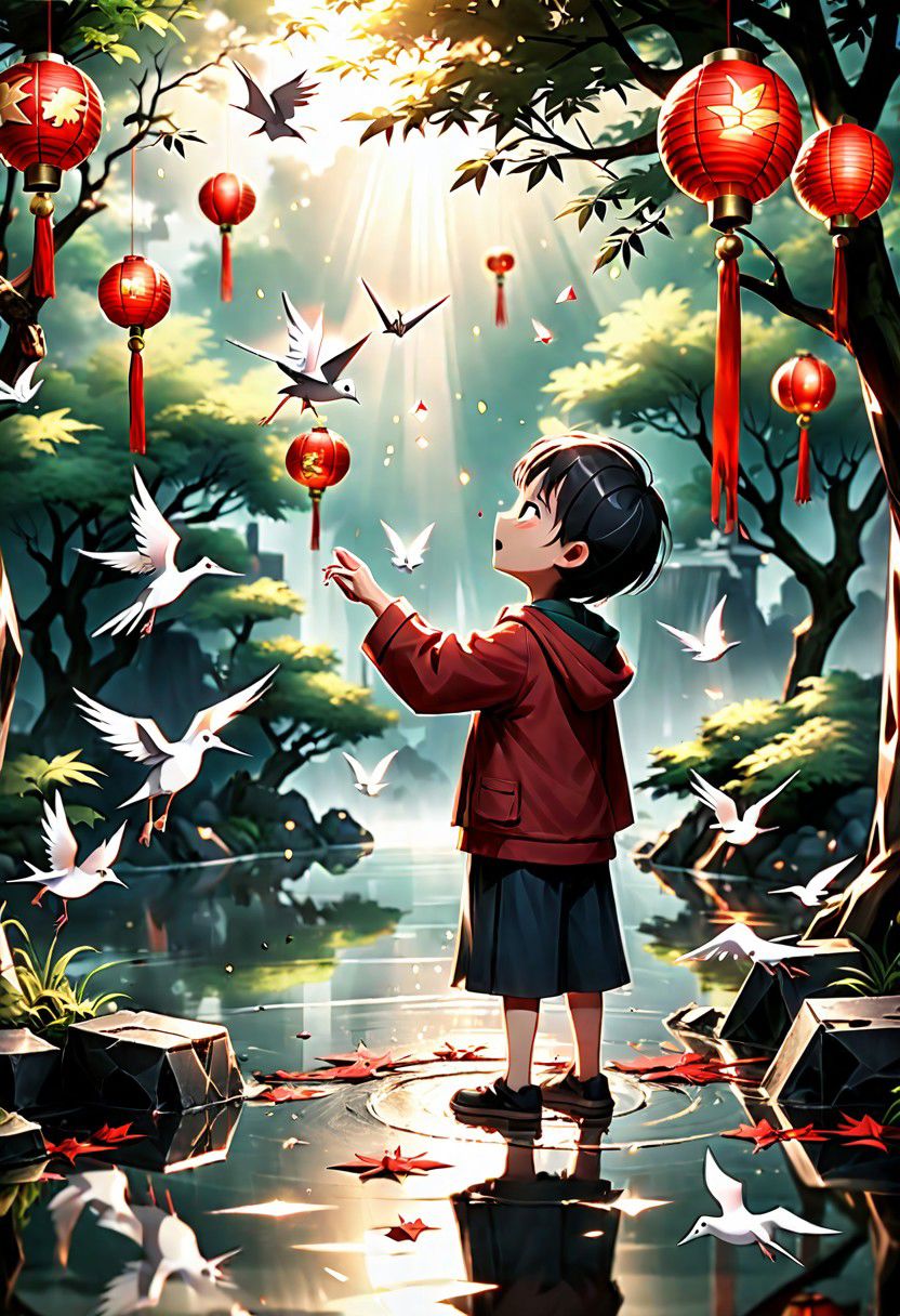 (masterpiece, soft focus, warm colors:1.1), capturing the emotional core of the Lunar New Year wishing well, a child standing in awe, (tossing a coin:1.2) with excitement and hope, their eyes sparkling, an elderly person gently (releasing a paper crane:1.2) into the air, a gesture filled with quiet hope, (soft sunlight:1.1) filters through the leaves surrounding the well, creating a warm and inviting atmosphere, (symbolizing anticipation:1.1) and dreams waiting to take flight, (tranquil setting:1.1), (lush green foliage:1.1), (subtle breeze:1.1), (whispering sounds:1.1), (ripples on the water:1.1), (reflecting the vibrant lanterns:1.1), (symbolic red ribbons:1.1), (festive decorations:1.1), (joyful chatter:1.1), (serene ambiance:1.1), (sense of community:1.1), (looking at viewer:1.1), inviting them to share in the enchantment of this heartfelt tradition