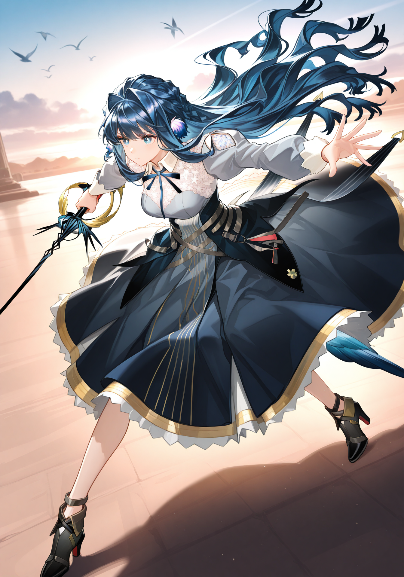 arknightsgame,arkbg,masterpiece,best quality,amazing quality,very aesthetic,high resolution,ultra-detailed,absurdres,
1girl,solo,Astesia,blue eyes,white pupil,bird tail,long hair,blue hair,bird girl,medium breasts,
astesia_\(arknights\),white collared shirt,black long skirt,black high heel boots,blue neck ribbon,
dynamic pose,holding sword, rapier,outdoors,fighting stance,
<lora:AstesiaILREV1.0-000003:1>,arkbg,<lora:ArknightsGameStyleILV1:0.8>,