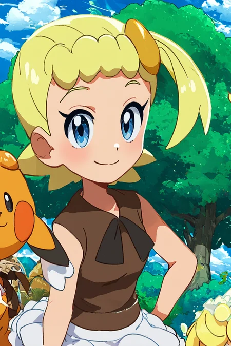 score_9, score_8_up, score_8, medium breasts, (curvy), cute, eyelashes, ,,, , ,,, zzBonnie, blue eyes, blonde hair, hair ornament, short hair, side ponytail, brown shirt, white skirt, <lora:Bonnie_Pokemon_PDXL:1.0> ,,,, BREAK, smile, looking at viewer, cowboy shot, ,,, outdoors, sky, day, cloud, tree, blue sky, sunny, ,,, Expressiveh, ,,, <lora:Alola_Style_PDXL:0.8>, <lora:Expressive_H-000001:0.4>,