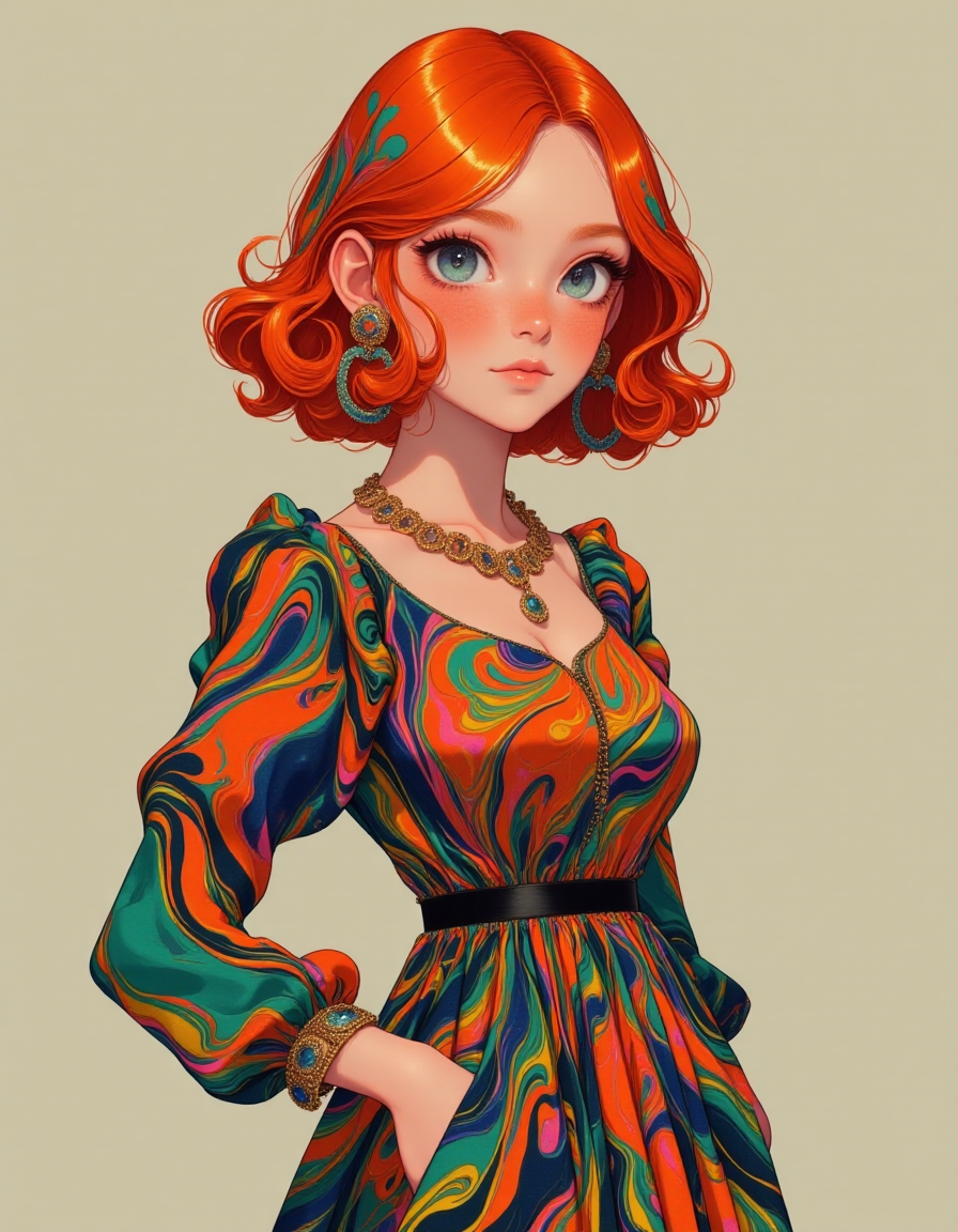 <lora:Ink_Marbling_Portraits (1):1> FFAIM, a redhead woman wearing a colorful dress