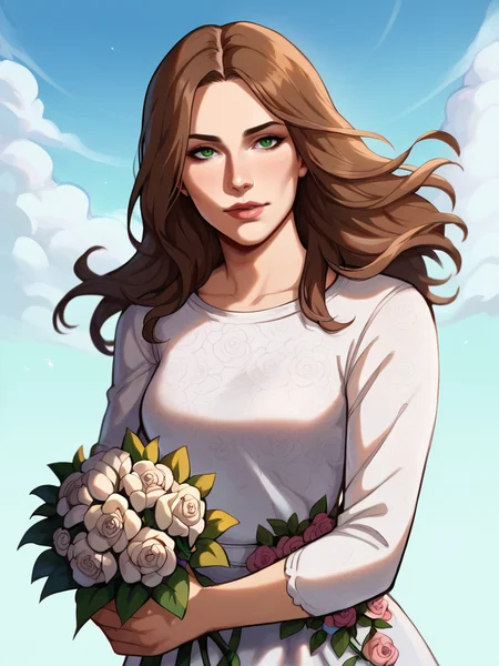 score_9, score_8_up, score_7_up,Faithwaifu, handfixer, solo, white dress, floral print, blue background, blue sky, bouquet, brown hair, day, flower, freckles, lips, long hair, looking at viewer, nose, outdoors,floral print, sky, upper bodytree, <lora:add-detail-xl:1> , <lora:Faith_character:1>, <lora:HandFixer_pdxl_Incrs_v1:0.5>