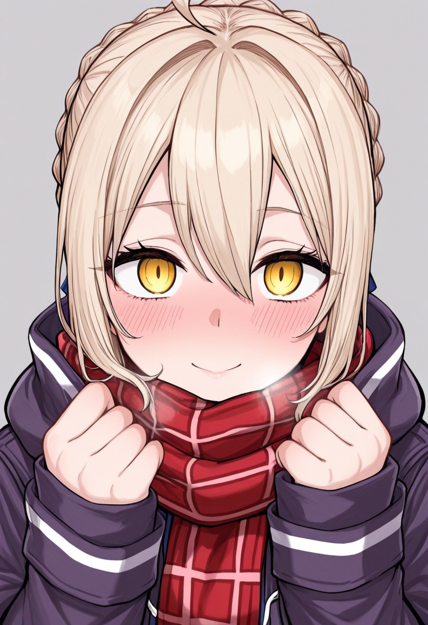 hirune style,masterpiece, best quality, amazing quality, intricate details,  looking at viewer,  mature female, plump,
1girl, solo, artoria pendragon \(fate\), mysterious heroine x alter \(fate\), hair between eyes, blonde hair, looking at viewer, mysterious heroine x alter \(first ascension\) \(fate\), ahoge, scarf, smile, upper body, braid, plaid scarf, blush, bangs, plaid, closed mouth, red scarf, yellow eyes, grey background, sidelocks, hair ribbon, jacket, sleeves past wrists, breath, open clothes, coat