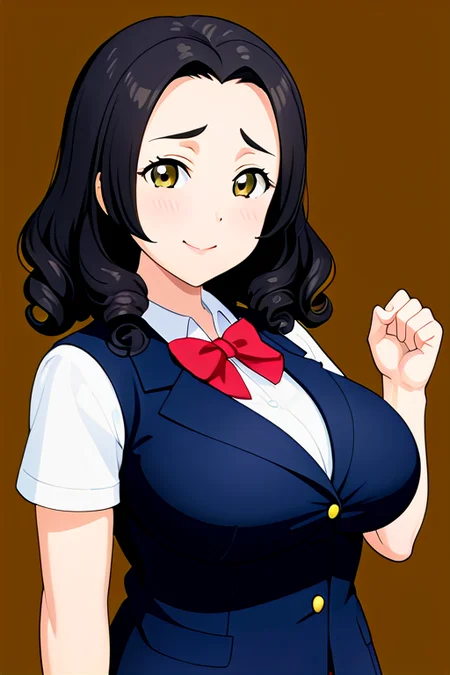 anime, best quality, (masterpiece:1.4), (high quality:1.4), sharp focus, 4k, absurd resolution, detailed hands, curly hair, long hair, (black hair:1.6), 1girl, mature female, smug, (parted hair:1.7), (round face), (no_bangs:1.3), (no_fringe:1.6), <lora:ETO_OC_XL:0.7>, looking at viewer, (thick eyebrows), sundress, (plump:0.8), round-chin, (greenish brown eyes), (brownish green eyes), big breasts, caucasian, down-turned eyes, blush, 1girl, forehead, <lora:printemps lovelive XL:0.8> winter uniform, blue blazer, summer uniform, yellow vest, casual,