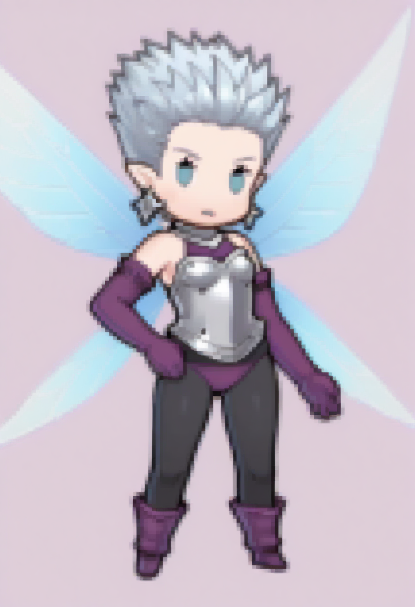 masterpiece, best quality, 1girl, solo, looking at viewer,
<lora:Feh-Sprites-illus_Fp:1>  simple background, chibi, full body
 <lora:zs_HighPixieILLU:1> h1ghp1xiesmt, grey hair, short hair, spikey hair, fairy wings, armor, purple elbow gloves, purple underwear, black pantyhose, jewelry, flying