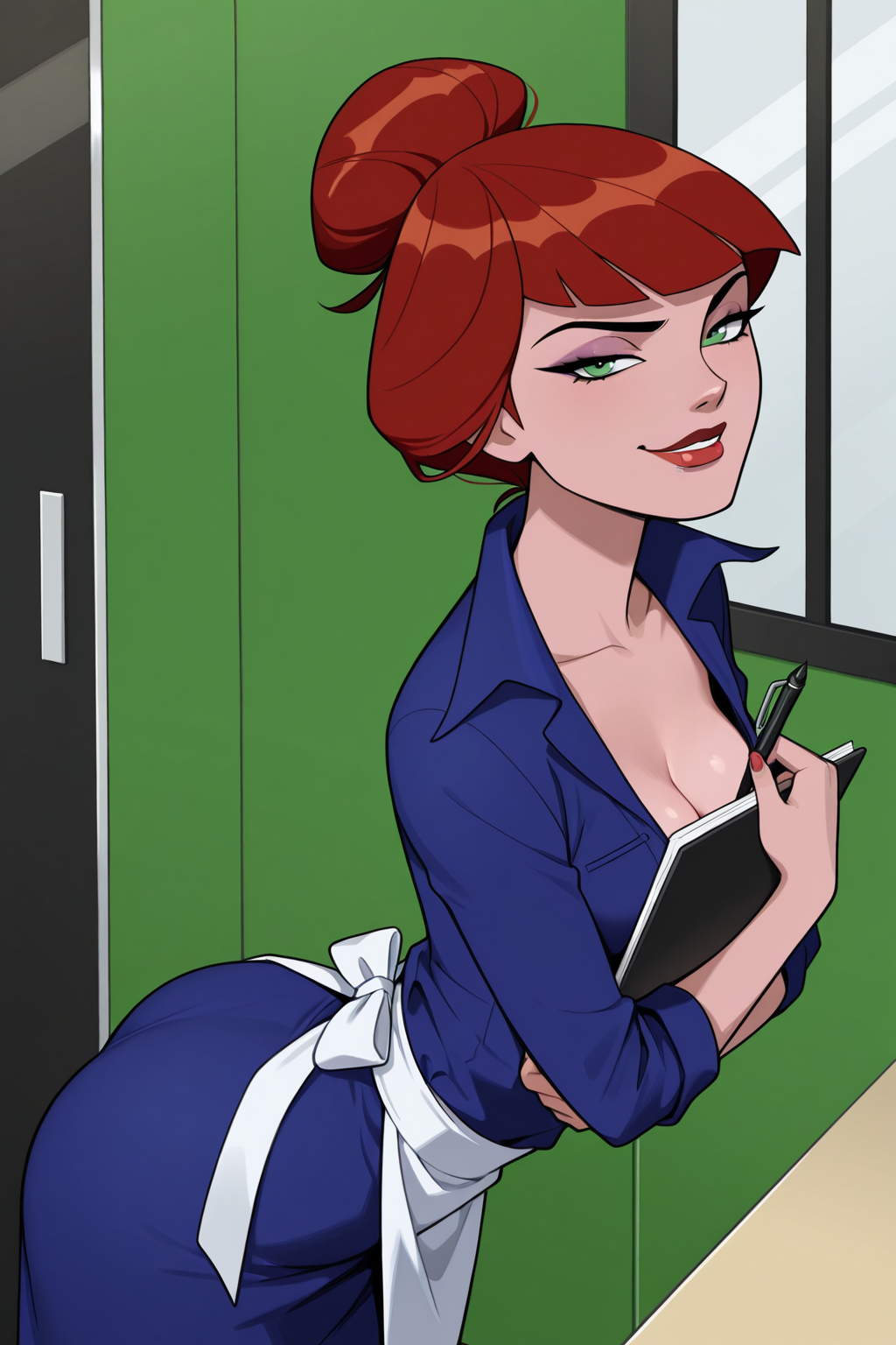 (((parody)), perfect anatomy, perfect eyes, cowboy shot) BREAK  <lora:BlackWidowIL:1> natasha romanoff, bangs, red hair, green eyes, makeup, lipstick, red lips, sultry eyes, naughty face, half-closed eyes, smug smirk, ((looking at viewer)) hair bun, single hair bun, dress, blue dress, apron, skirt, working at diner, holding pen, holding notepad, arched back, showing off chest, teasing viewer, indoors