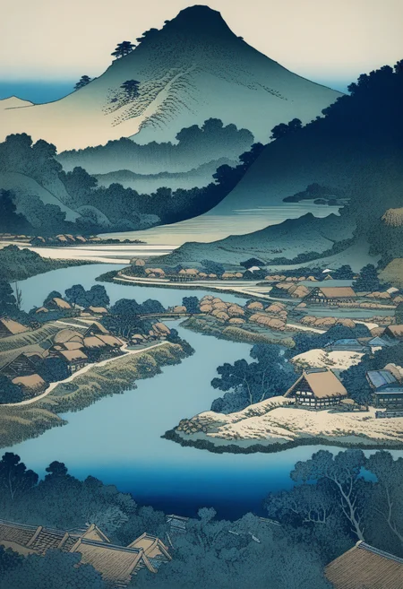 panoramic scenery, village, river, outdoors, (best quality), woodcuts, highly detailed, KHsty-XL <lora:KHsty-XL-v3-AN-000020:0.7>