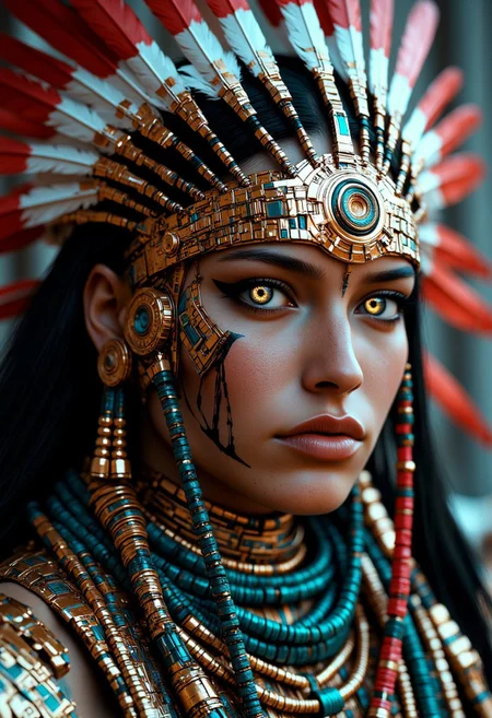 mythp0rt, A beautiful Native American woman, sci-fi coachella, The eyes are piercing, with an intense, almost otherworldly glow, suggesting advanced cybernetic enhancements. She is wearing a feathered mechanical headdress.