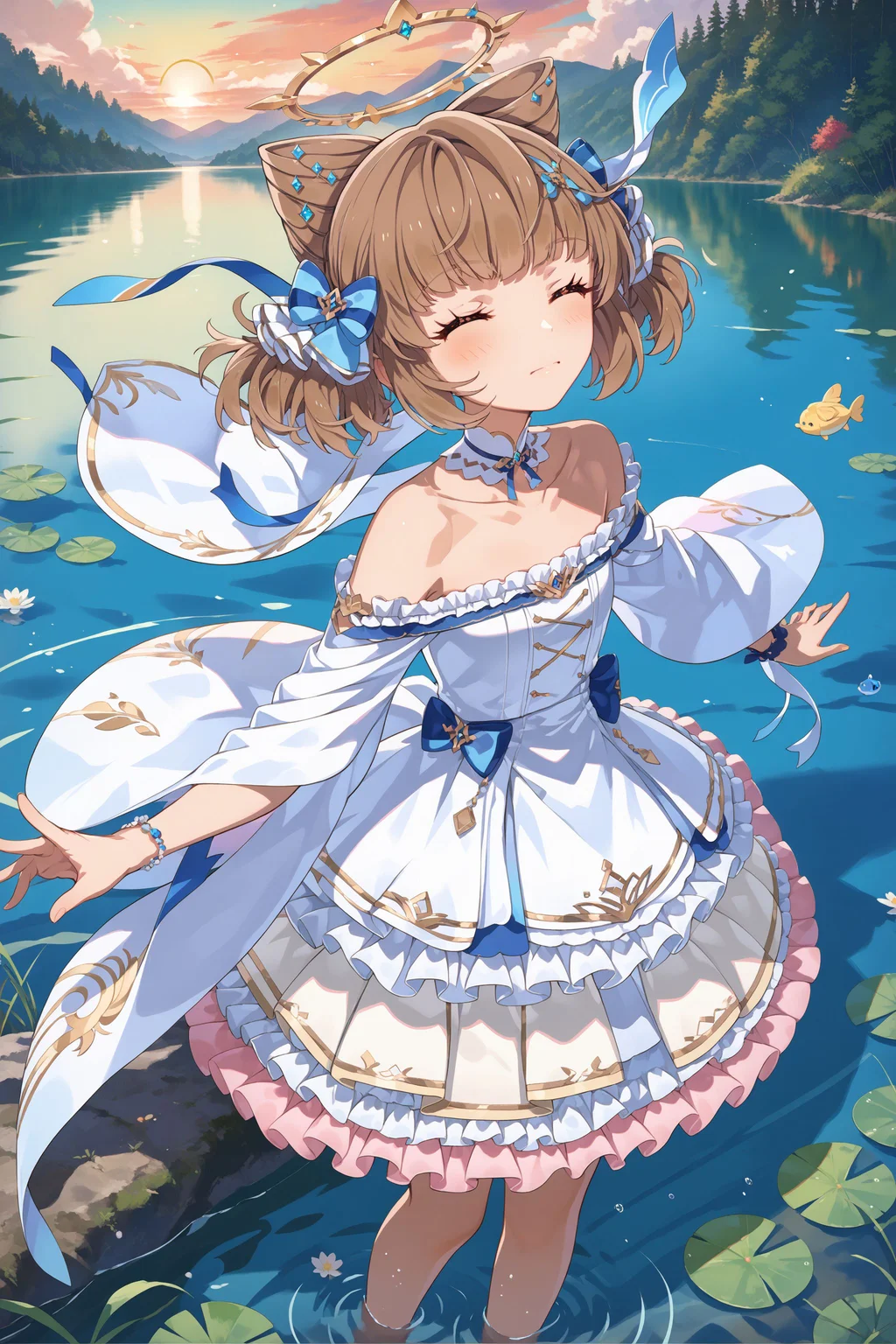 score_max, (score_9, score_8_up, score_7_up:1.2), score_6_up, official art, source_anime,
masterpiece, absurdres, high detail, 8k,
lake, sunrise, halo, feet feet out of frame, cowboy short,
in the water, standing, outstretched arms, closed eyes, blush,
cicho, circlet, hair bow, white shawl, white dress, collarbone, off shoulders, frilled skirt,
<lora:XL_Pony_gomaotsu-cicho-t1:1.0>