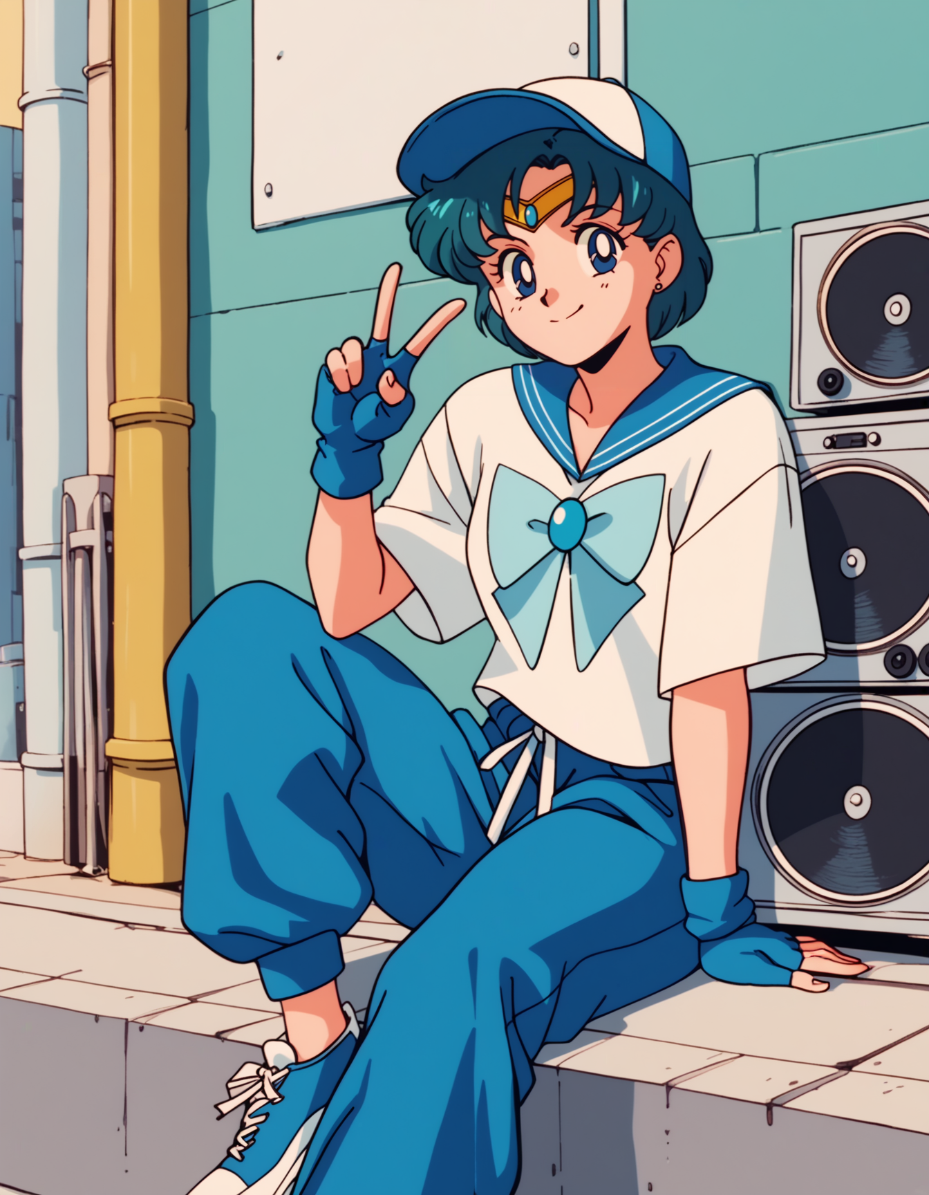 score_9,  score_8_up, score_7_up, <lora:Sailor_Moon:0.6>  Sailor_Mercury, short hair, blue hair, blue eyes, baseball cap, streetwear, oversized shirt, baggy pants, fingerless gloves, 
boombox, sidewalk, sitting, smile, v, cowboy shot