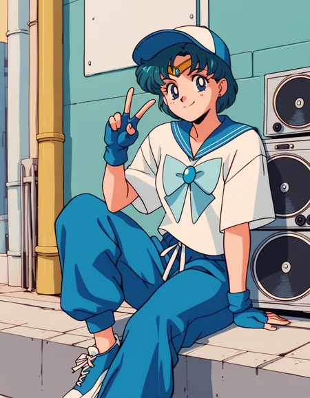 score_9,  score_8_up, score_7_up, <lora:Sailor_Moon:0.6>  Sailor_Mercury, short hair, blue hair, blue eyes, baseball cap, streetwear, oversized shirt, baggy pants, fingerless gloves, 
boombox, sidewalk, sitting, smile, v, cowboy shot