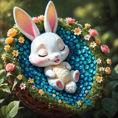 score_9, score_8_up, score_7_up, score_6_up, score_5_up, score_4_up, closeup adorable TINY colorful (bunny:1.3), tiny, curled_up, sleeping IN A FLOWER, chibi, flower nest, ethereal, soft, hyper detailed, realistic, iridescent scales, beautiful, COLORFUL