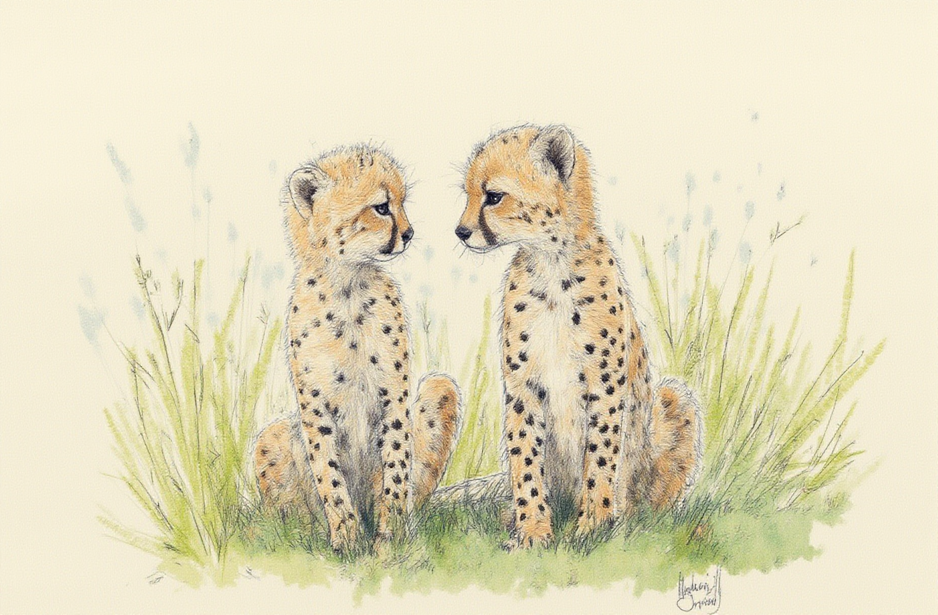 Sharp image of a rough sketch, rendered in vibrant multi colour ballpoint pen, capturing the adorable features of two cheetah cubs sitting in a grassy field. The cubs are facing each other and appear to be looking towards the right side of the image. They are sitting close together, with their heads slightly tilted to the side. The cheetahs have light brown fur with black spots, and their eyes are dark and alert. The background is blurred, but it appears to be a savanna landscape with tall grass and shrubs. The overall mood of the photo is peaceful and serene.  p3nsk, <lora:p3nsk:1>