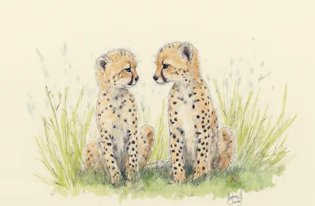 Sharp image of a rough sketch, rendered in vibrant multi colour ballpoint pen, capturing the adorable features of two cheetah cubs sitting in a grassy field. The cubs are facing each other and appear to be looking towards the right side of the image. They are sitting close together, with their heads slightly tilted to the side. The cheetahs have light brown fur with black spots, and their eyes are dark and alert. The background is blurred, but it appears to be a savanna landscape with tall grass and shrubs. The overall mood of the photo is peaceful and serene.  p3nsk, <lora:p3nsk:1>