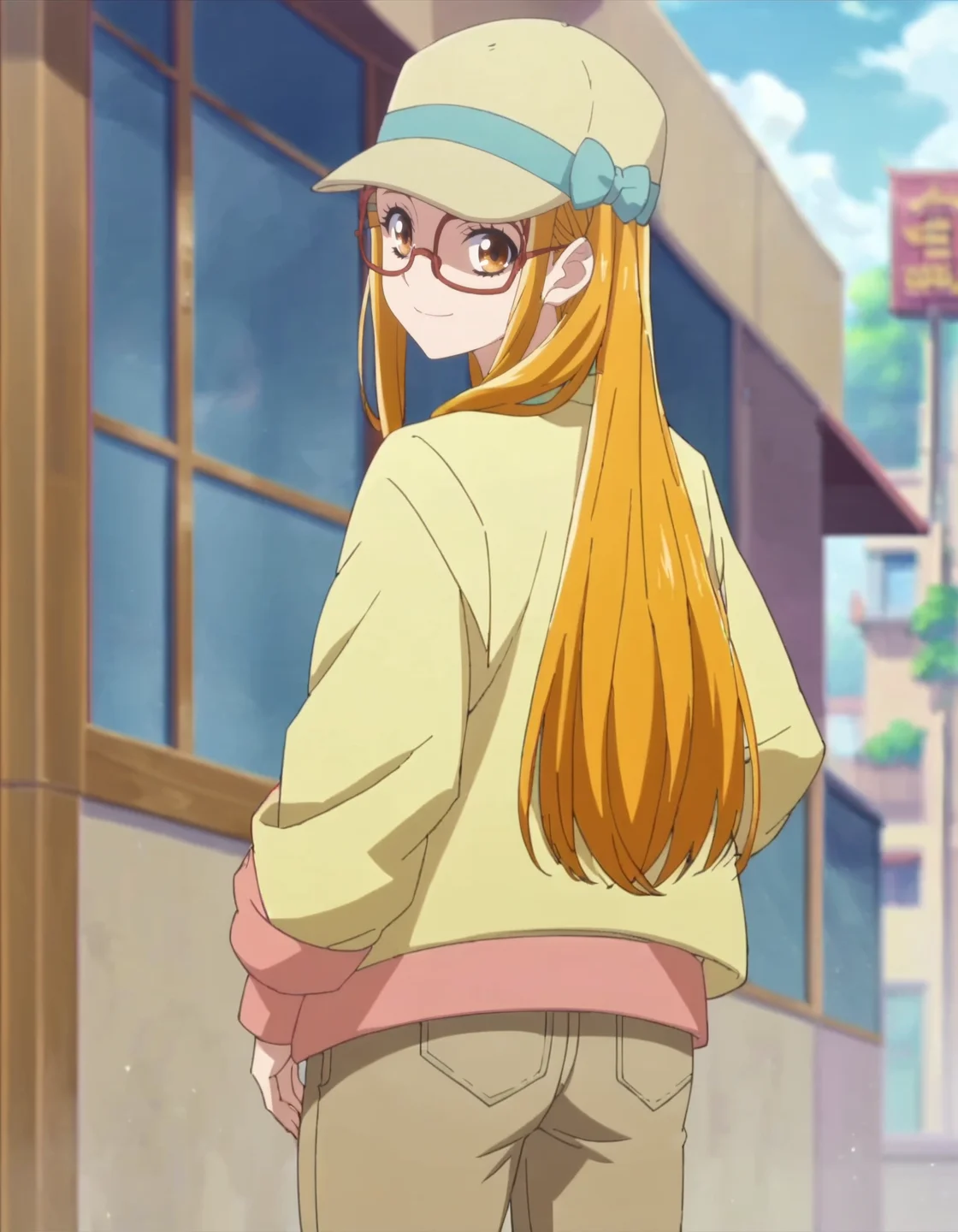 score_9, score_8_up, score_7_up, anime screencap, solo,1girl,kasuganourara, glasses, hat, looking at viewer, smile, jacket, semi-rimless eyewear, shirt, yellow jacket,brown pants,cowboy shot,from behind,ass<lora:kasuganourara:0.8>,