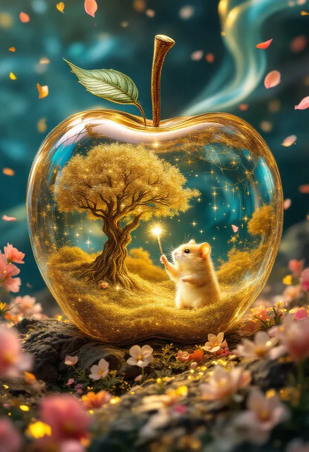 A whimsical breeze carries delicate petals and shimmering ribbons of ink and light across a surreal landscape, where a massive, intricately detailed glass apple dominates the foreground. Within its crystalline walls, a luminous golden Djungarian hamster wields a glowing wand, its tiny paws directing arcane energies that transform a nearby tree into solid, gleaming gold. The scene unfolds in a wide-angle view, revealing fine fractal patterns etched into the apple's glossy surface, reflecting and refracting the vivid hues of the fantastical setting. Swirling gradients of color paint the sky, while the wind's invisible fingers tease at the edges of reality, blurring the line between the tangible and the imagined. The transformed tree stands as a beacon of impossible magic, its golden leaves tinkling like wind chimes in the enchanted breeze. Throughout the composition, shiny contours and outlines trace the forms of each element, lending a sense of ethereal definition to the dreamlike tableau. This whimsical yet precisely rendered scene evokes the surrealist style of Vladimir Kush, combined with the luminous quality of James Gurney's imaginative realism and the intricate detailing reminiscent of Yayoi Kusama's obsessive patterns.