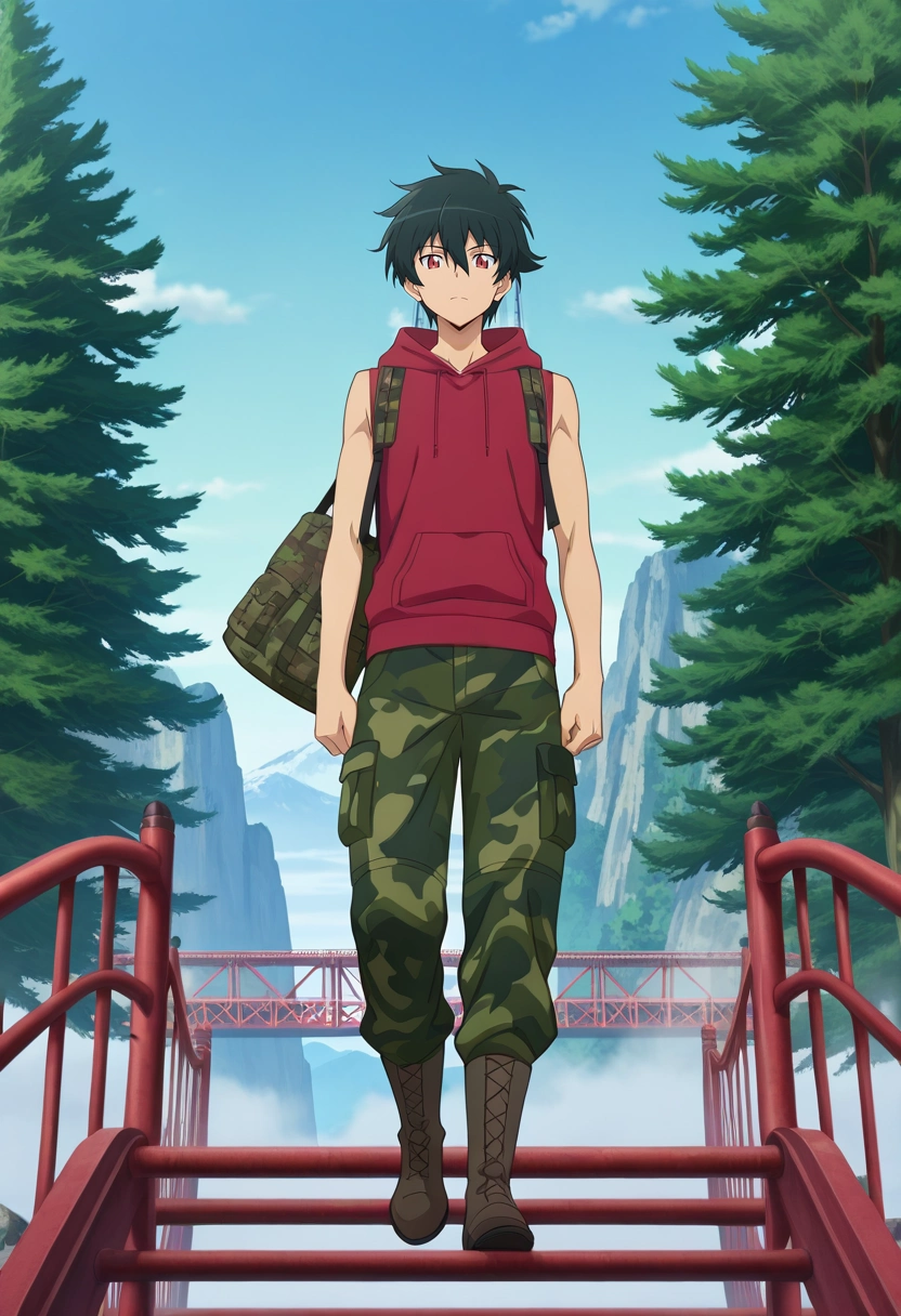 masterpiece, best quality, , anime screencap, anime coloring, official style, looking at viewer, 1boy, solo, male focus, <lora:sadao_maou_ilxl:0.9>, sadao_maou, black hair, red eyes, short hair, hair between eyes, suspension bridge, fog, tree, mountain, crossing bridge, dawn, careful steps, looking down, Camo cargo pants, Sleeveless hoodie, Chukka boots, , Trolley Bag (with wheels)
